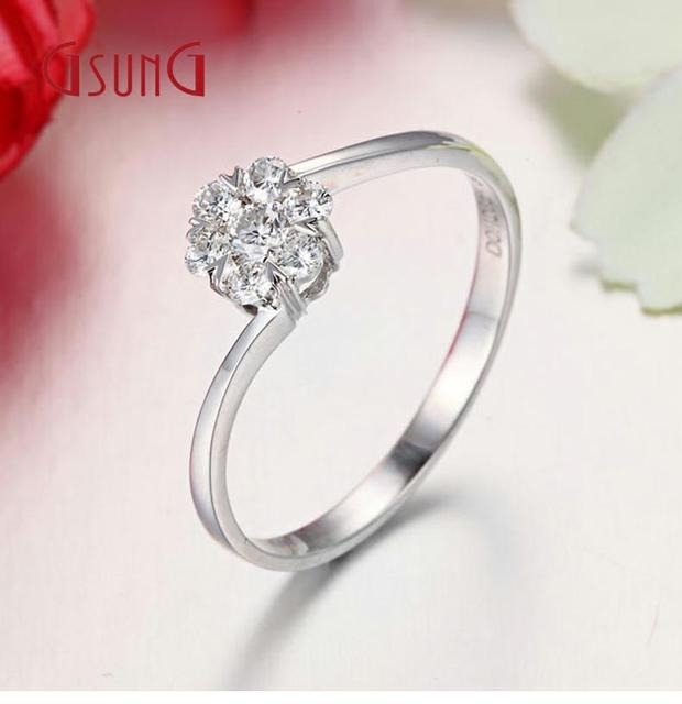 GSUNG白金18K女款钻石戒指群镶雪花显大铂金PT950结婚钻石指环