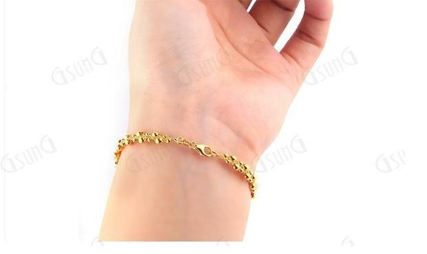 GSUNG18K黄光面圆珠手链串珠手镯女款K金AU750有弹性可变形手环