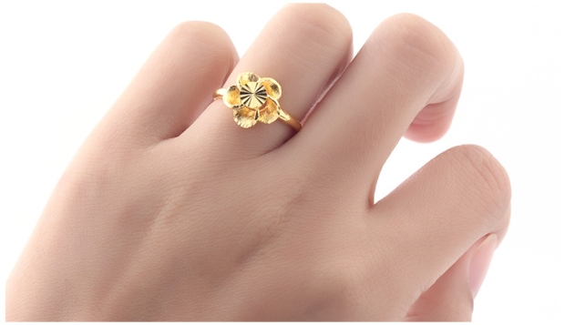 GSUNG吉上吉足金24K戒指女款活扣花戒AU999黄金女士素金指环单戒