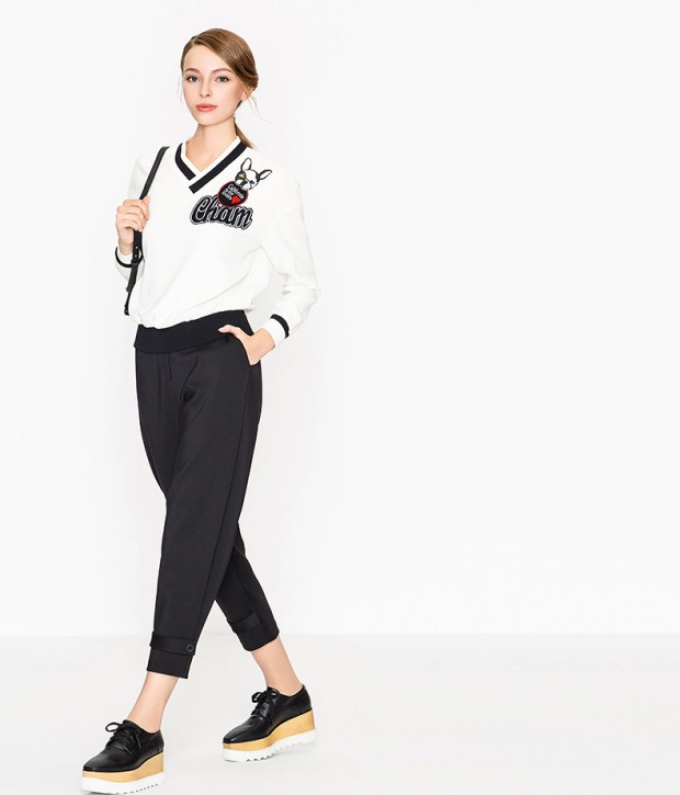 YINER音儿 春季新款 时尚卡通刺绣拼接V领修身女上衣86370506