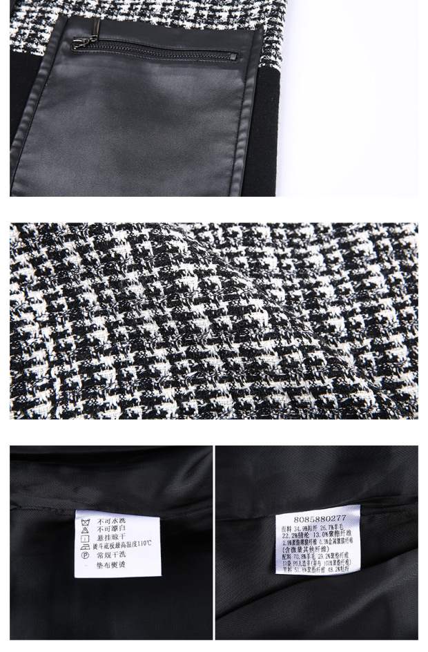 YINER音儿 冬装新款 粗纺格子拼接PU口袋毛呢外套女85880277