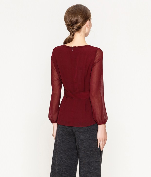 YINER音儿 春季新款 时尚通透袖拼接收腰显瘦女上衣86370650