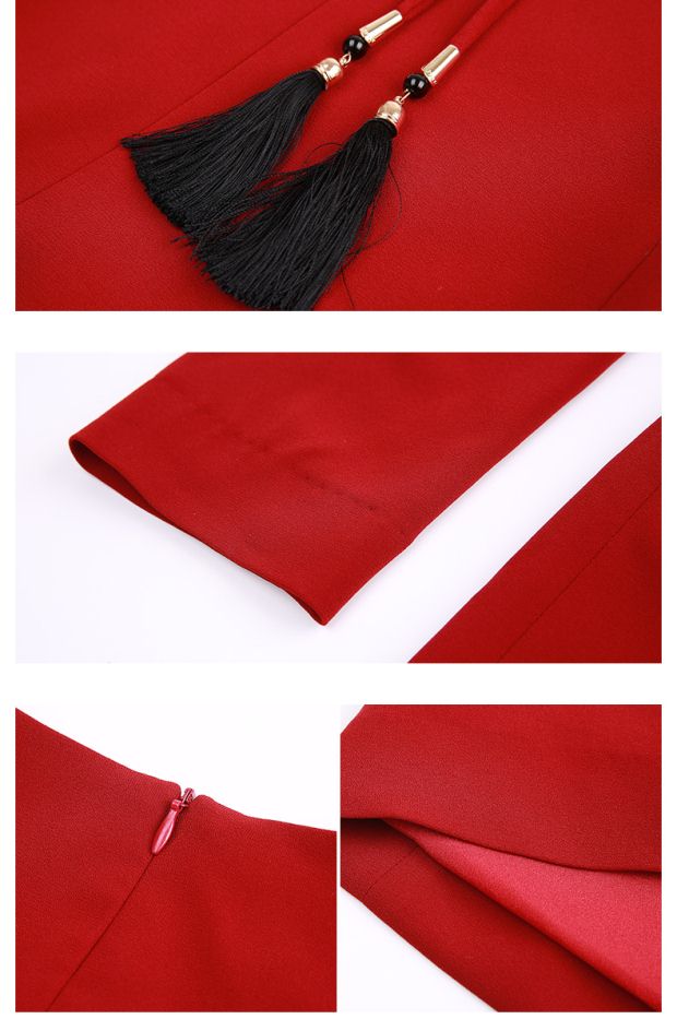 YINER音儿 2017春季新款 优雅流苏系带收腰V领连衣裙8C57105330