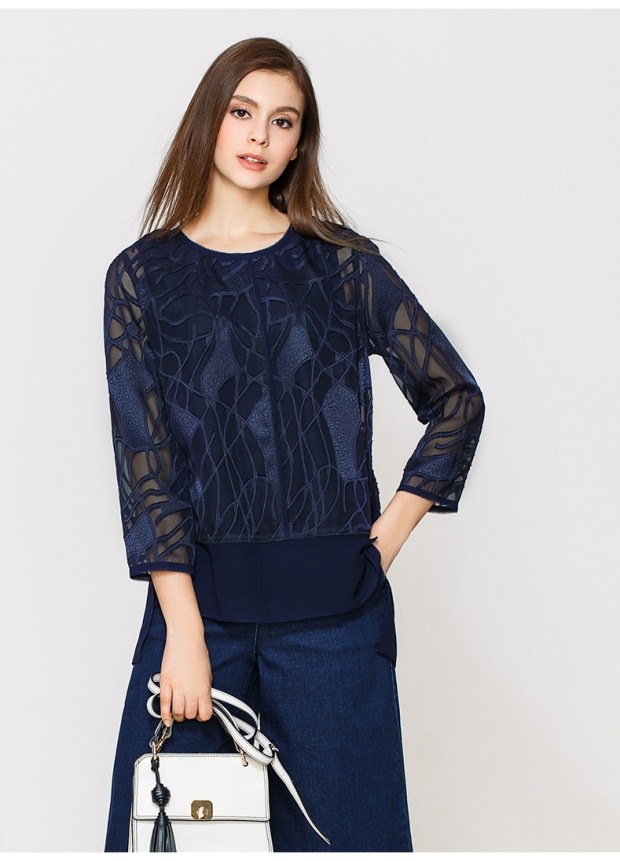 YINER音儿 2017春季新款 时尚几何镂空拼接女上衣8C57170170