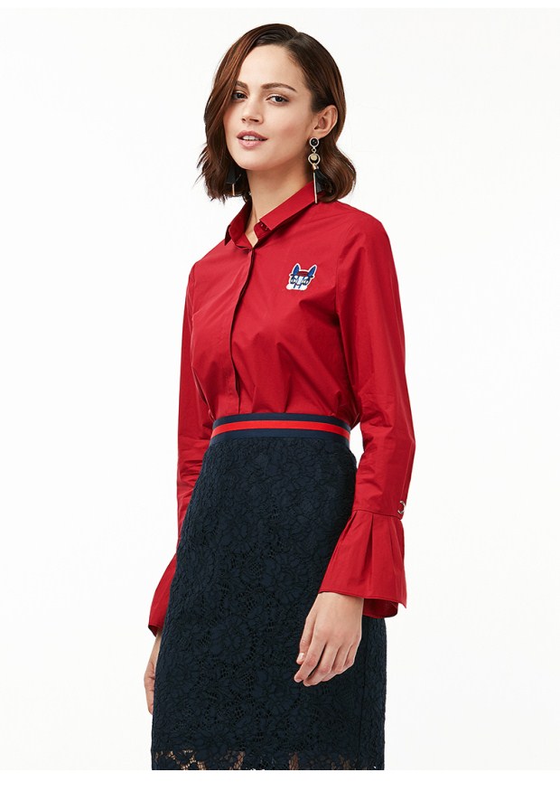 YINER音儿 2017秋季新款 时尚字母印花修身喇叭袖衬衫8C57330020