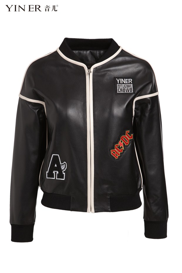 YINER音儿 2017秋季新款 绵羊皮字母印花长袖皮衣外套8C47309590