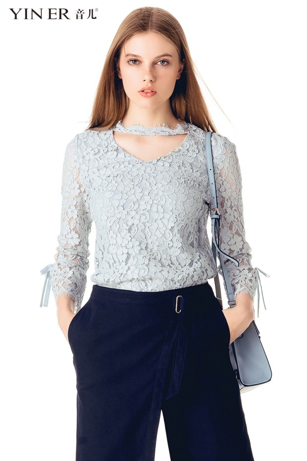 预售-音儿 2017秋季新款 时尚蝴蝶丝带蕾丝镂空女上衣8C57370630