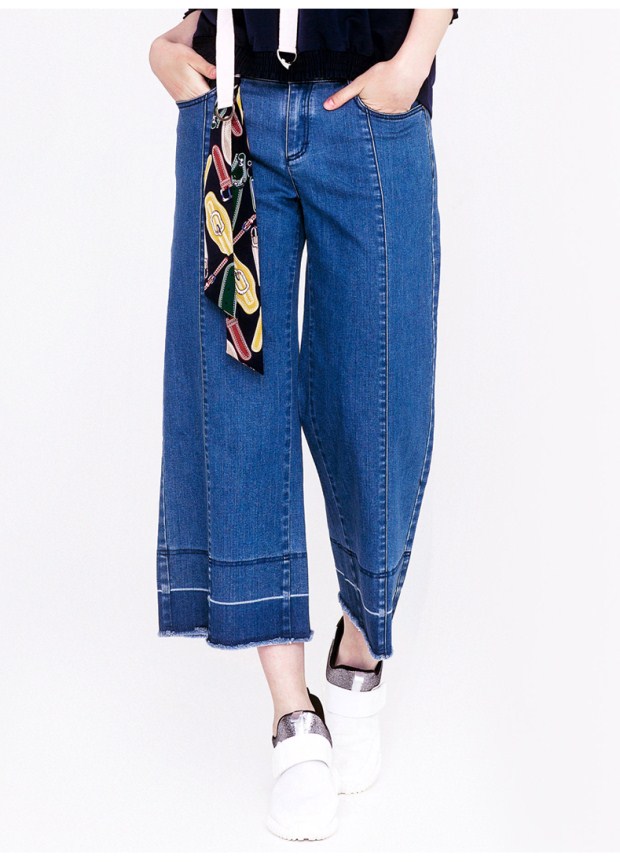 YINER音儿 2017秋季新款 复古流苏修身阔腿裤牛仔裤女8C57320160