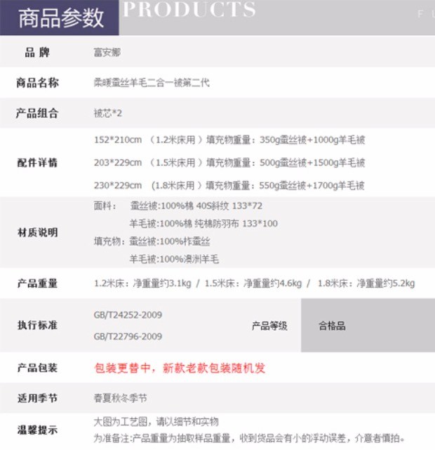 富安娜家纺羊毛被子春秋蚕丝被子母被二合一被芯冬被双人全棉单人