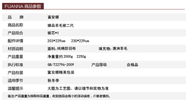 富安娜床上用品冬季被子羊毛被芯1.8m床单双人二代澳洲羊毛被