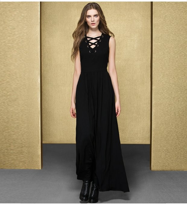 EITIE爱特爱夏季时尚修身无袖连衣裙收腰纯色气质长裙女裙中长款