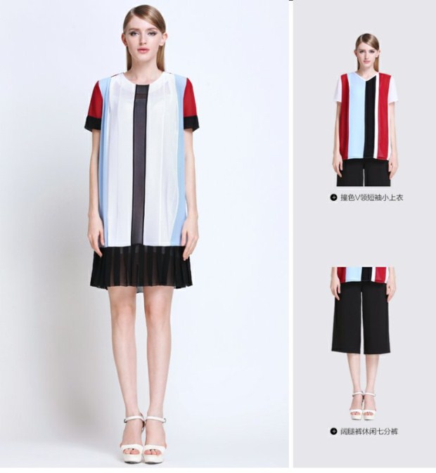 EITIE爱特爱夏装简约时尚条纹拼色个性透视设计百褶短袖连衣裙女