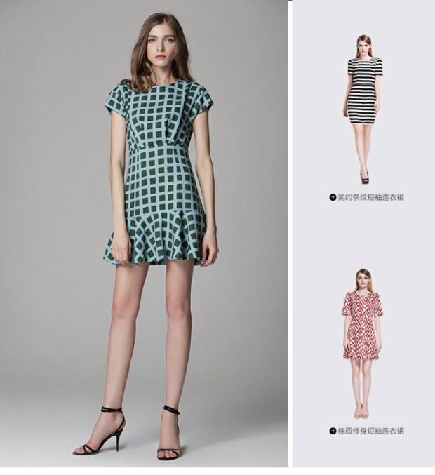 EITIE爱特爱旗舰店女装夏季简约时尚拼荷叶边格子印花短袖连衣裙