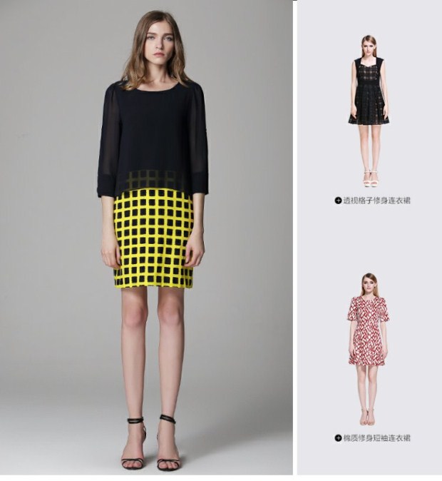 EITIE爱特爱秋装新款时尚简约拼接格子印花圆领假两件连衣裙女