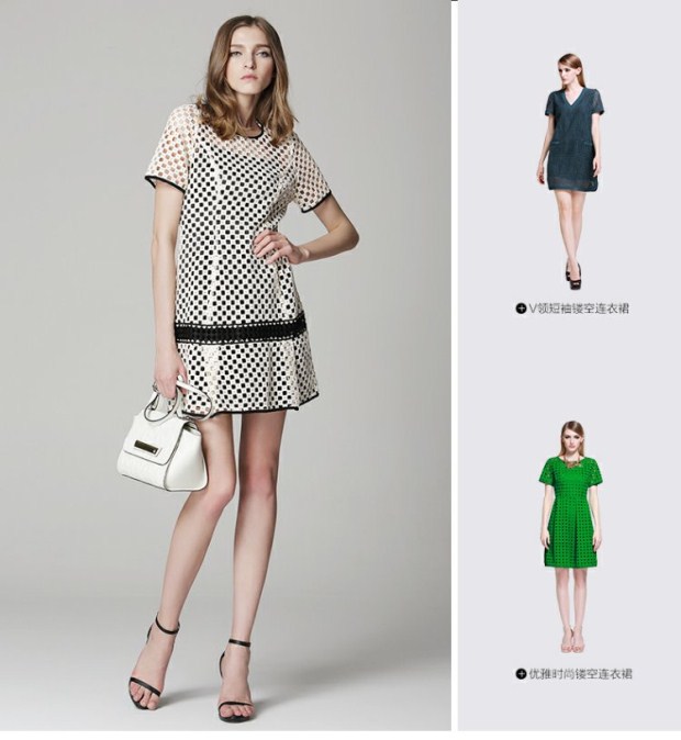 EITIE爱特爱旗舰店女装夏装时尚格子水溶蕾丝拼色圆领短袖连衣裙